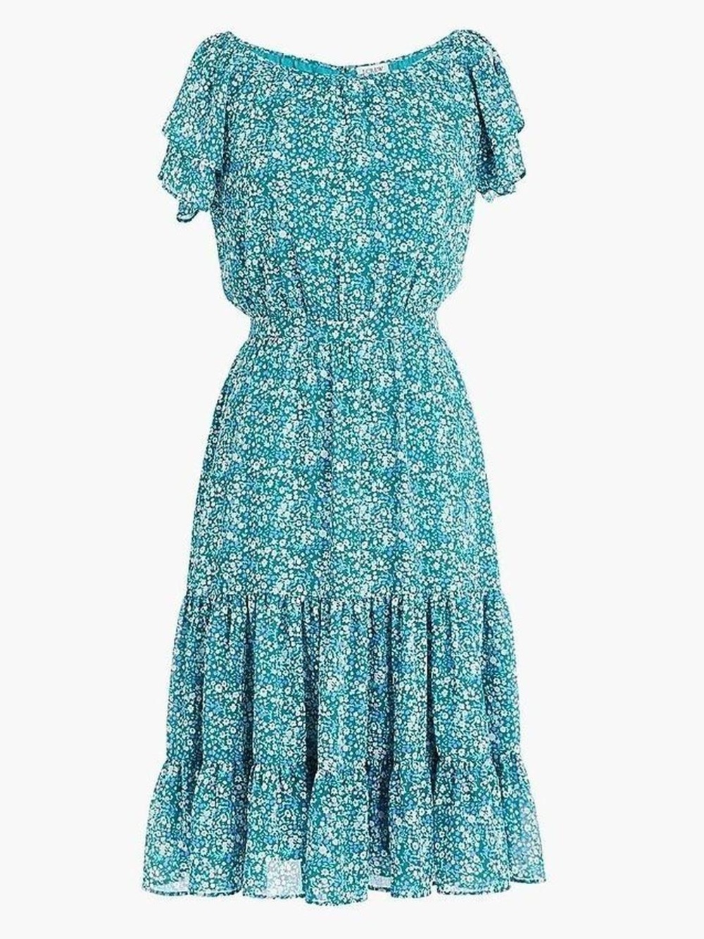J. Crew Teal Floral Midi Dress with Flutter Sleeves
